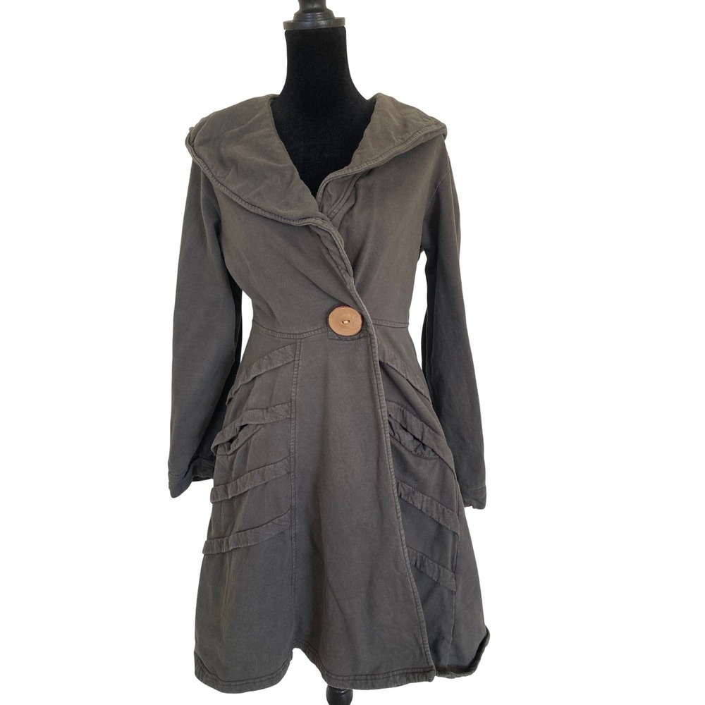Nepal Cotton Hooded Wrap Coat Charcoal Grey Wood Button Boho Medium Lagenlook